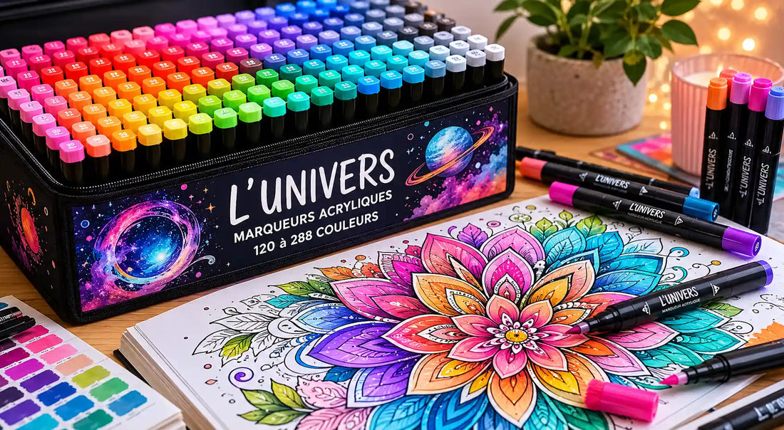 Coffret de marqueurs acryliques multicolores utilisé pour colorier un mandala adulte