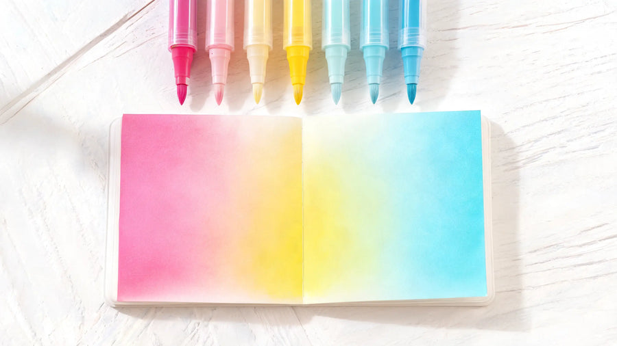 Dégradé coloré réalisé avec des marqueurs acryliques sur papier, démonstration de la technique de fondu humide sur humide
