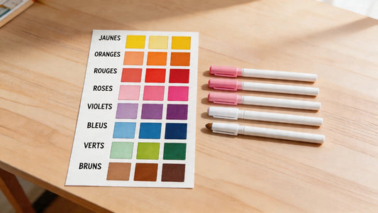 Nuancier de marqueurs acryliques fait main organisé par familles chromatiques