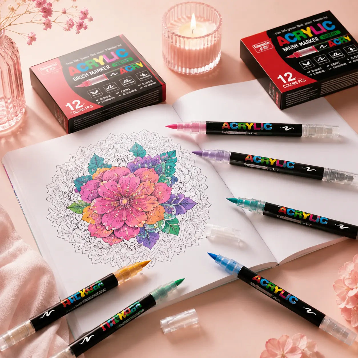 Feutres acryliques pointe pinceau pour coloriage anti-stress, dessin créatif, DIY et activité calme loin des écrans.