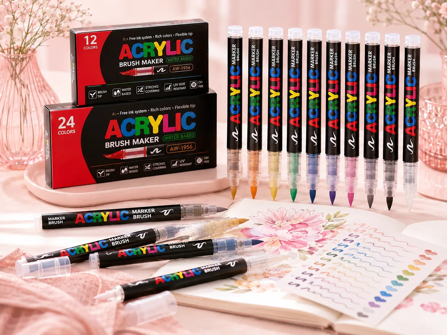 Différents sets de feutres acryliques pour coloriage anti-stress, dessin créatif, activité enfant sans écran et projets artistiques.