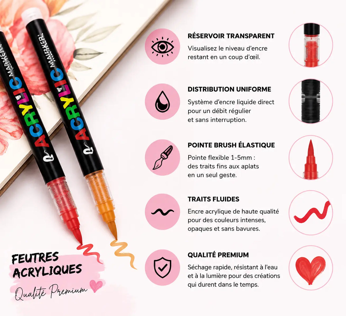 eutres acryliques premium pour coloriage anti-stress, parfaits pour créer des œuvres sur papier, toile et tissu. Ensemble complet avec couleurs vibrantes et résistantes pour des créations durables et sans bavure.