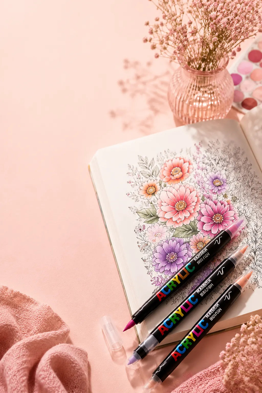Vue verticale d'un carnet de coloriage ouvert avec une illustration florale partiellement colorée, entouré de feutres acryliques et d'un vase de fleurs sèches, créant une atmosphère artistique, féminine et créative sur un bureau pastel.